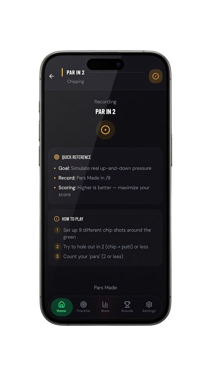 Par in 2 challenge in the Scoring Zone app — nine chip shots, hole out in two or less